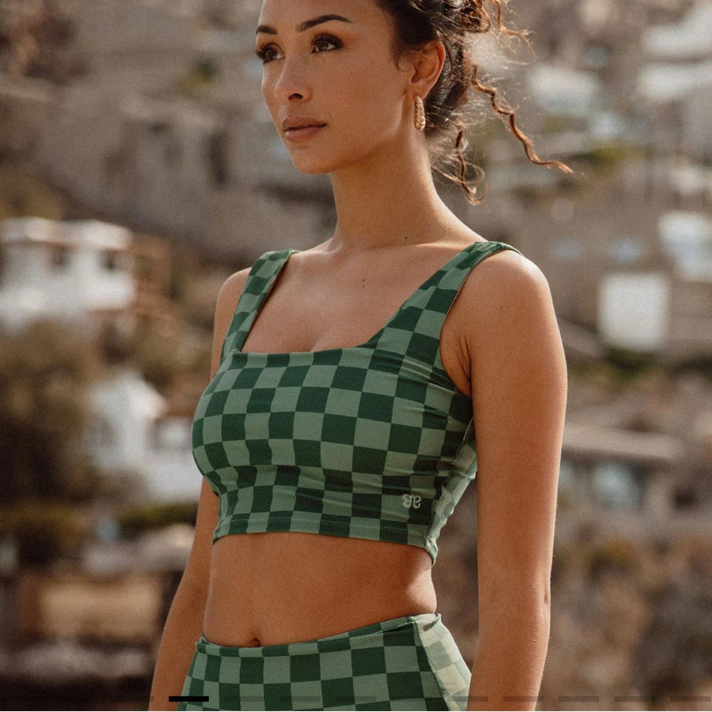 Albion Olivia Swim Crop in Green Check; Sz Large
